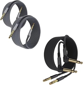Elebase 1/4 Inch TRS Instrument Guitar Cable 10ft 2Pack Right-Angled to Straight 6.35mm Male Jack Stereo Audio Cord 10ft 2Pack for Electric Guitar,Bass,Keyboard,Mixer,Amplifier,Speaker