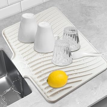 40*33*1.5cm Silicone Dish Drying Mat, Draining Mat for Kitchen Counter, Heat Resistant Drainer Mat, Reusable Non-Slip Silicone Table Mat, Pot Holder Placemat Spoon Rest, Coaster, Cream