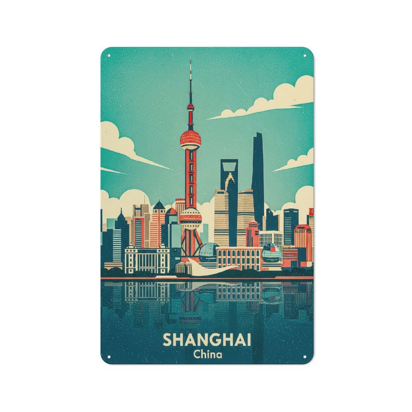 Junmoney Style-20 Outdoor Room Shed Metal Sign 30X20cm Featuring Shanghai Skyline Vintage, Utility Space Decor For Patio Bar, Workshop, Shed Or Kitchen