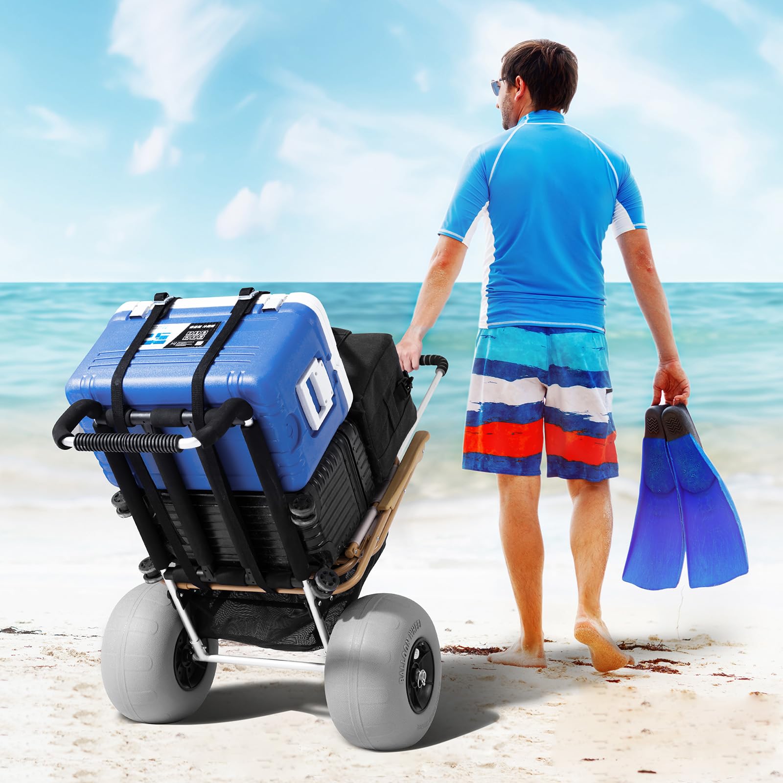 VEVOR Carrito de Playa con Ruedas Sólidas de PE Grandes para Arena, Plataforma de Carga de 760 x 390 mm, Carro de Arena Plegable, Carro Resistente para pícnica, Camp, Pesca, Playa, Jardinería