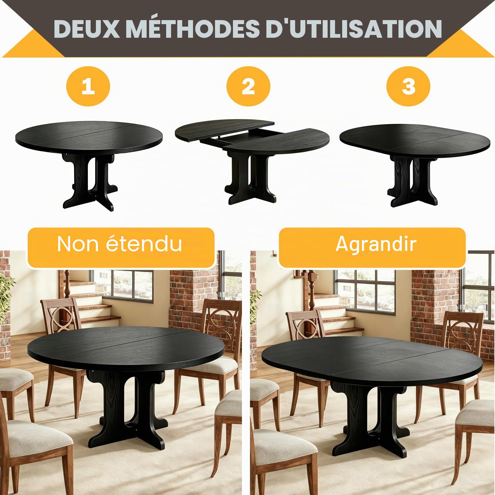 Table à manger extensible, 90-120 cm, ronde/ovale, table de cuisine en MDF pour 2 à 8 personnes, hauteur 75 cm, table à manger moderne pour salon, cuisine, socle en bois croisé, gain de place (noir)