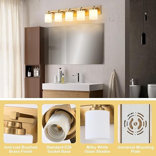Miniatura 43 de 3 lámparas modernas de baño sobre el espejo, luces de tocador de oro negro para apliques de pared de baño con pantallas de vidrio blanco lechoso