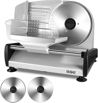 YASHE Electric Meat Slicer, 250W Meat and Bread Slicer with Serrated and Smooth Blades of 19 cm, Adjustable Thickness 0-15 mm, Safety Lock, Non-Slip Feet, Easy to Clean