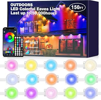 150FT Permanent Smart RGB LED Eaves Outside Lights, Music Sync, Timing Function, Remote Control and IP67 Waterproof LED Outdoor String Lights for All Holiday