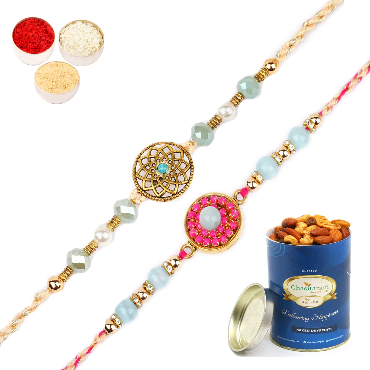 Ghasitaram Gifts Rakhi for Brother Rakhis Online – Set of 2 Rm- 643 and Rm- 654 Premium Rakhis with 100 gms of Dryfruits Mix Can Ghasitaram Gifts Rakhi for Brother Rakhis Online – Set of 2 Rm- 643 and Rm- 654 Premium Rakhis with 100 gms of Dryfruits Mix Can