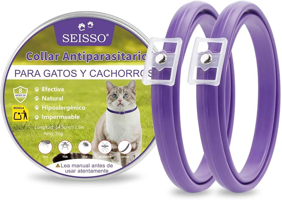 SEISSO 2 collares antipulgas para gatos, 6-8 meses, 34,5 cm, morado