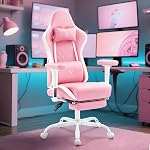 Gaming Chair,Computer Office Chair with Footrest,Massage,Pink | Gel Pad,Ergonomic,Spring Cushion,High Back,Adjustable Arms,Reclining,Lumbar Support,Headrest,Leather Gamer Chair for Adults