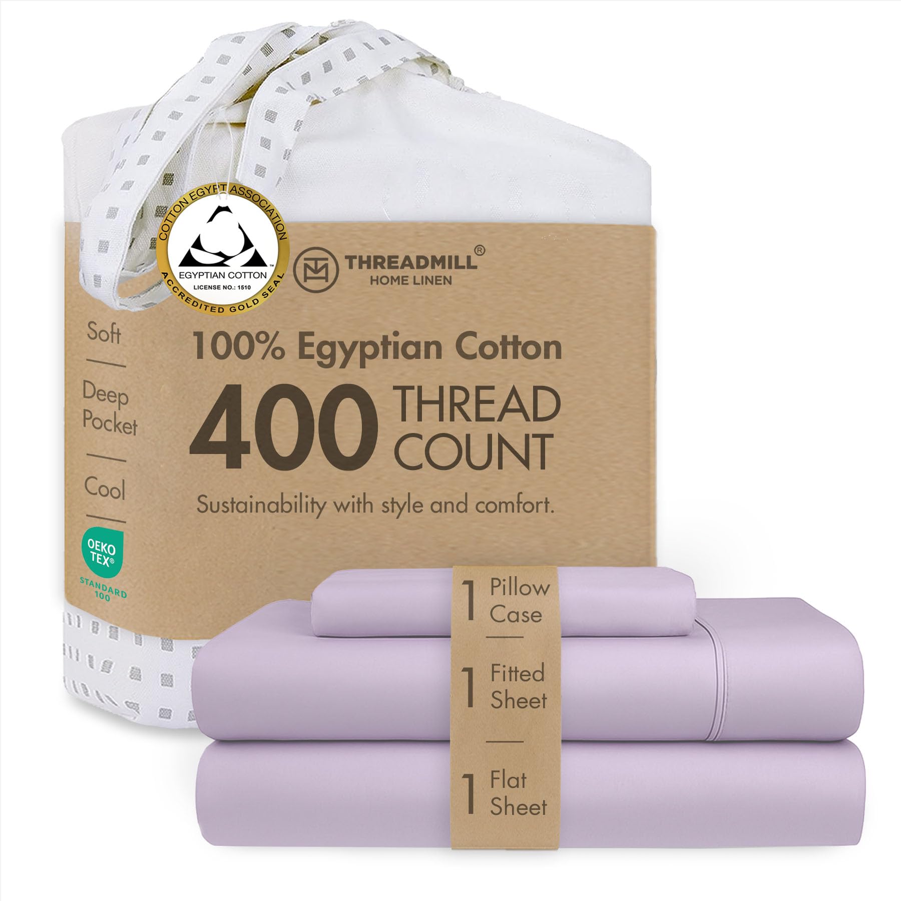 Threadmill 400TC Egyptian Cotton Twin XL Sheet Set, Sateen, Lilac, 3-Piece