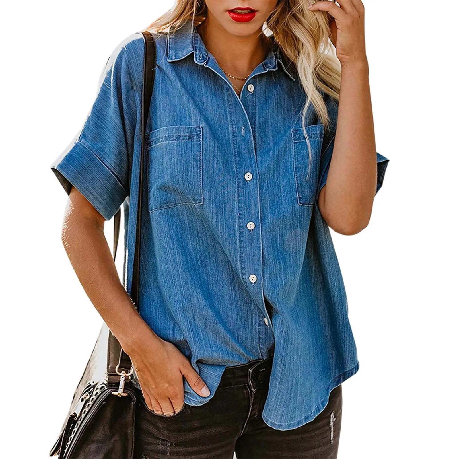 Camicia da donna in denim con maniche a 3/4, tinta unita, vestibilità aderente, casual, per tutte le stagioni, morbida camicetta in jeans