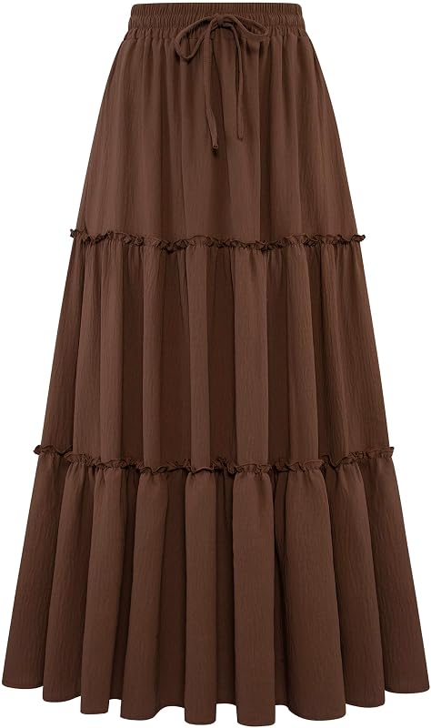 Arolina Women's Summer Maxi Skirt Trendy High Waist Pleated Ruffle Long Skirts Flowy Beach Boho Skirt Dress with Pockets