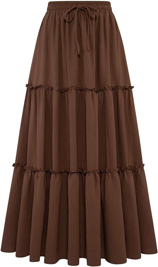 Arolina Women's Summer Maxi Skirt Trendy High Waist Pleated Ruffle Long Skirts Flowy Beach Boho Skirt Dress with Pockets fashion product photo