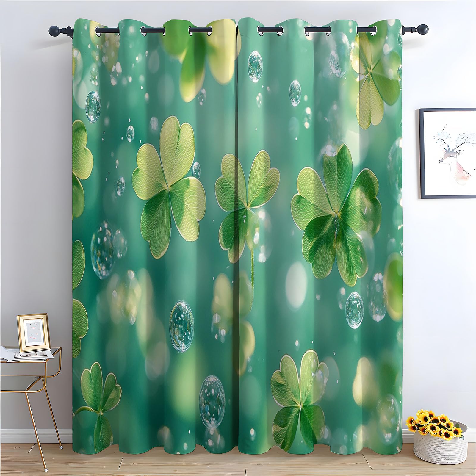 TERUEA Floral Blackout Curtains for Living Room Bedroom Floating four leaf clover clear bubble fresh lucky Curtains Mildew Resistant,-63" W x 90" L (Pack of 2)