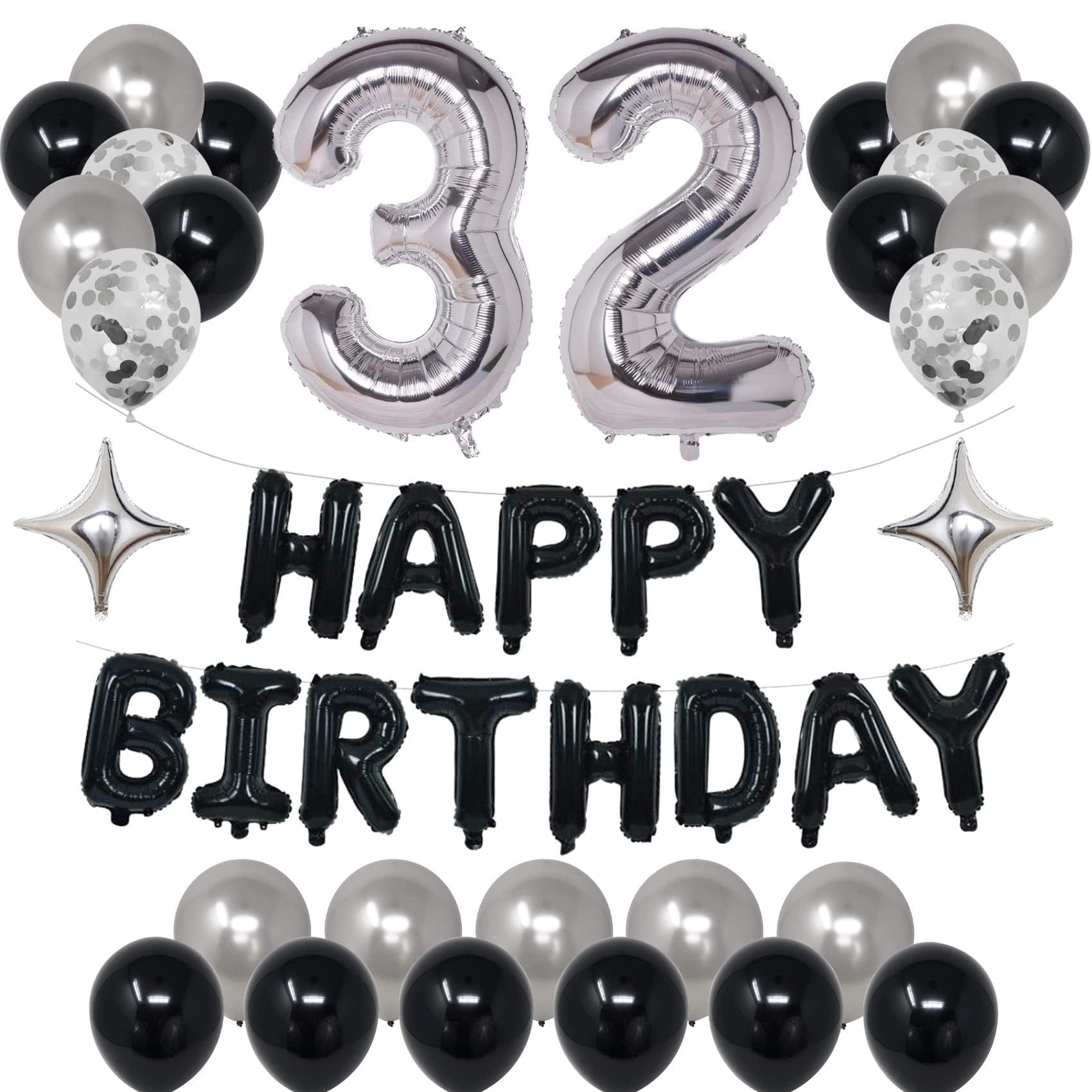 NANINUNENO 32nd Black Silver Birthday Party Decorations for Men Women, Happy 32 Birthday Party Supplies with Black Happy Birthday Banner, Silver Foil
