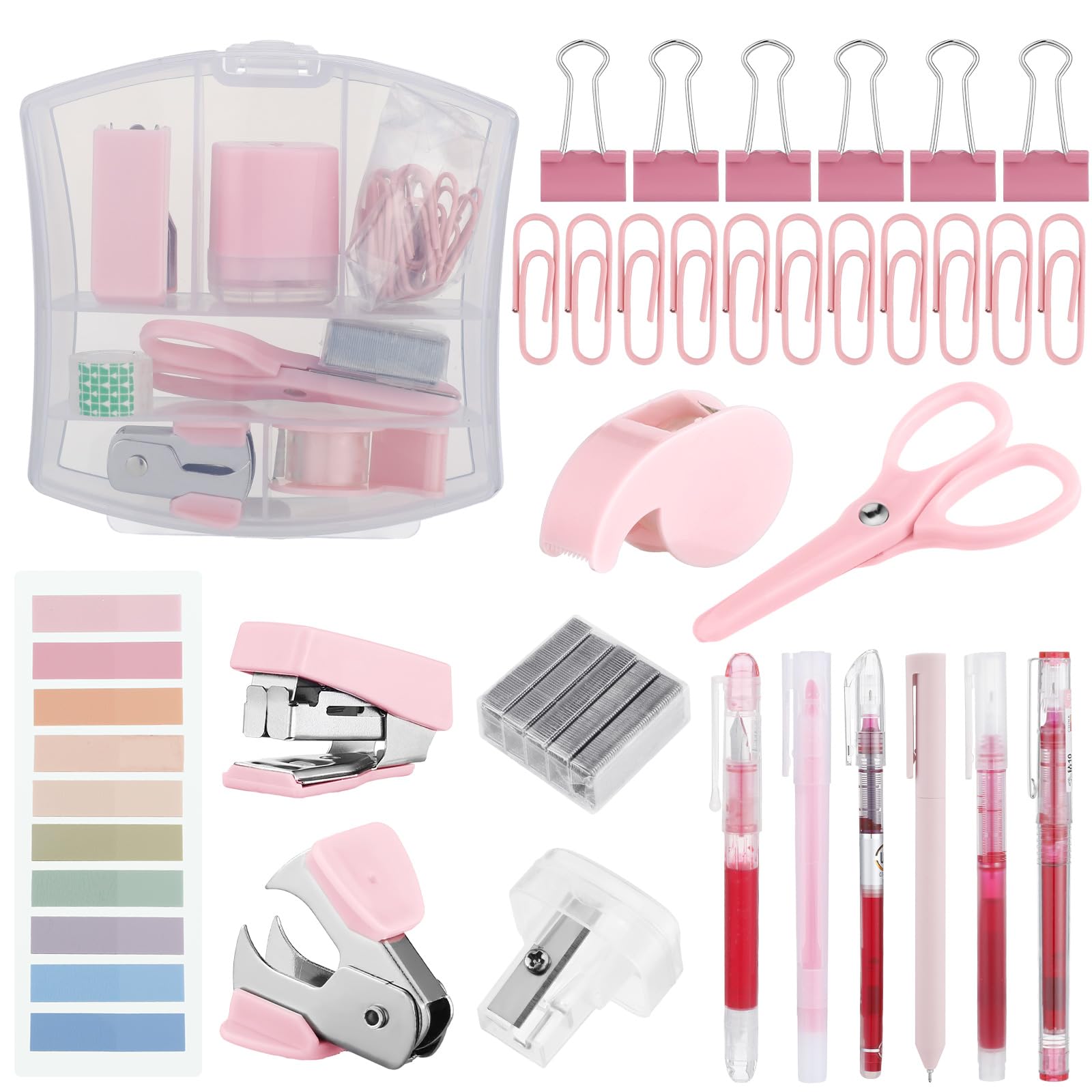 Colarr Mini Office Supply Kit Include Stapler Tape Dispenser Staple Remover Paper Clip Scissor Staple Pen Sharpener Note Small Telescopic Knife for Office Back to School Supplies Student Clerk(Pink)