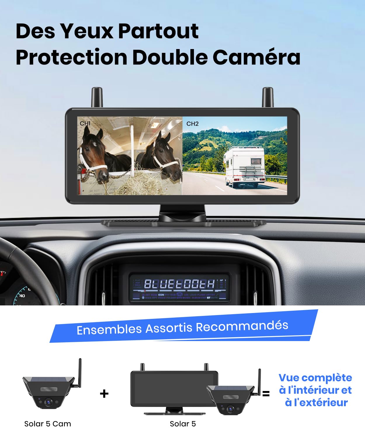 AUTO-VOX Caméra de recul sans fil solaire magnétique : 1 minute d'installation facile, vision nocturne super IR, compatible avec Solar3A Plus/Solar5 A/B caméra arrière de voiture