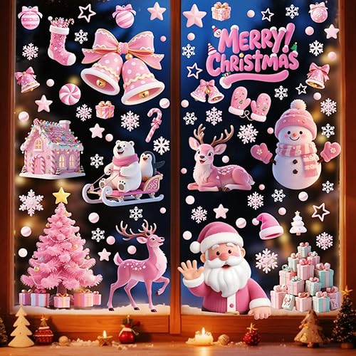 121 calcomanías de Navidad rosas para ventanas, Papá Noel, árbol de Navidad, copo de nieve, muñeco de nieve, ciervo, calcomanías de doble cara