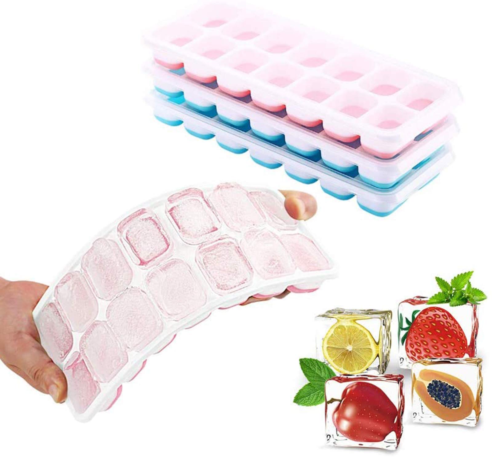 Ice Cube Trays with Lid 4 Pack, Stackable and Easy-Release Silicone Ice Trays Can Make 56 Cubes,BPA Free &LFGB Certified, Durable Dishwasher Safe(Blue&Pink)