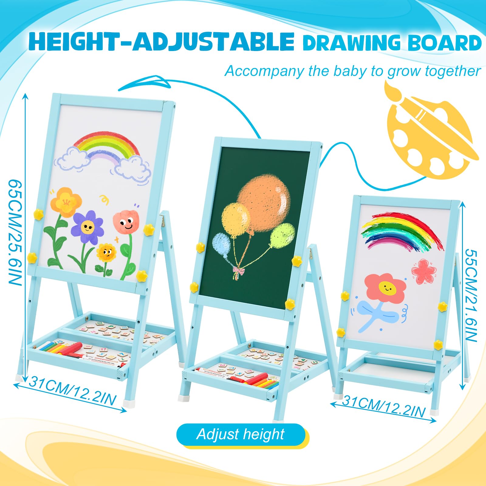 Lavagna in legno per bambini, Art Kids Easel cavalletto per l'arte Mini Blue Lavagna bifacciale e lavagna per bambini con numeri e altri accessori per bambini e bambini.