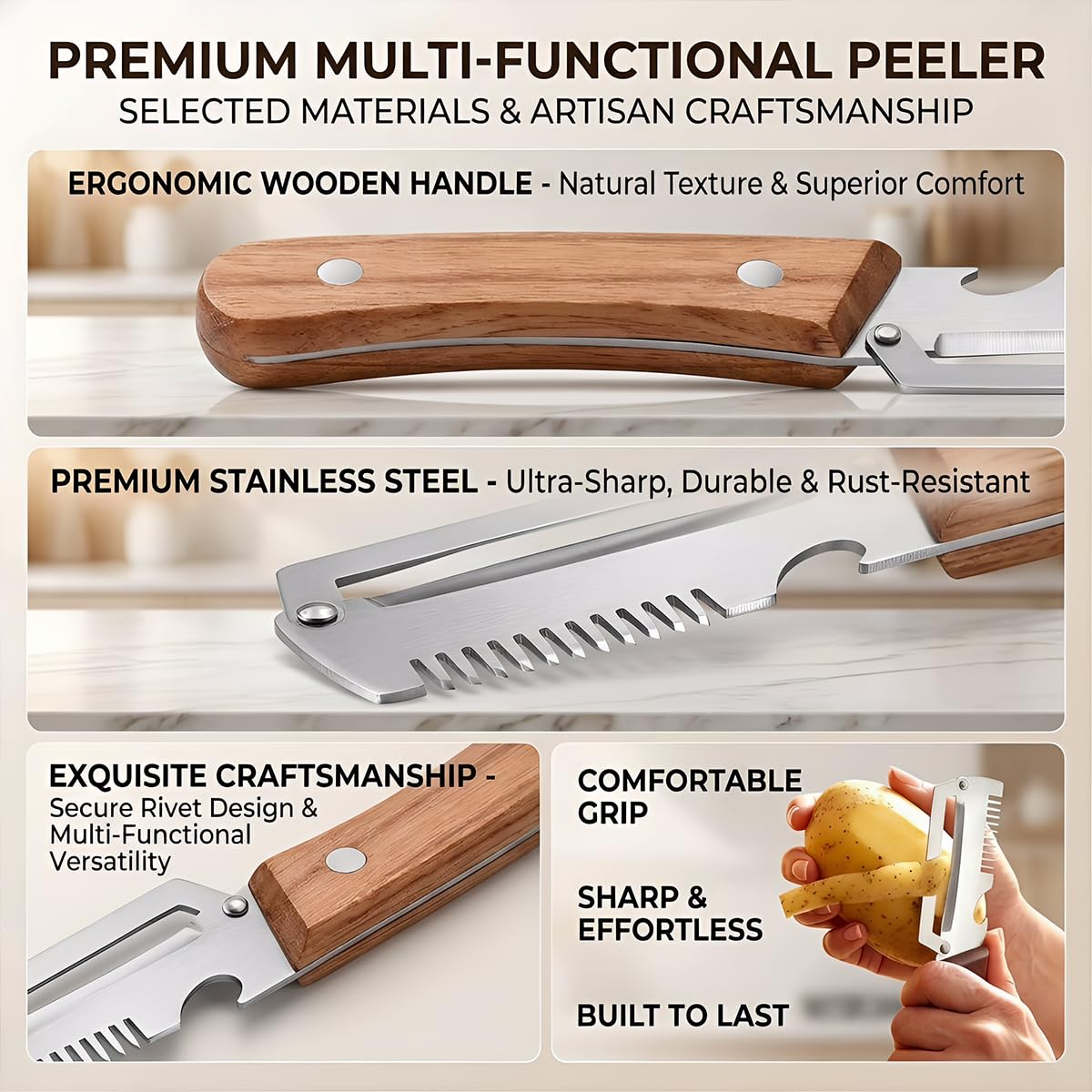 Vegetable Peeler for Kitchen – Multifunctional Stainless Steel Peeler with Wooden Handle & Bottle Opener, Durable for Fruits and Vegetables — view 6