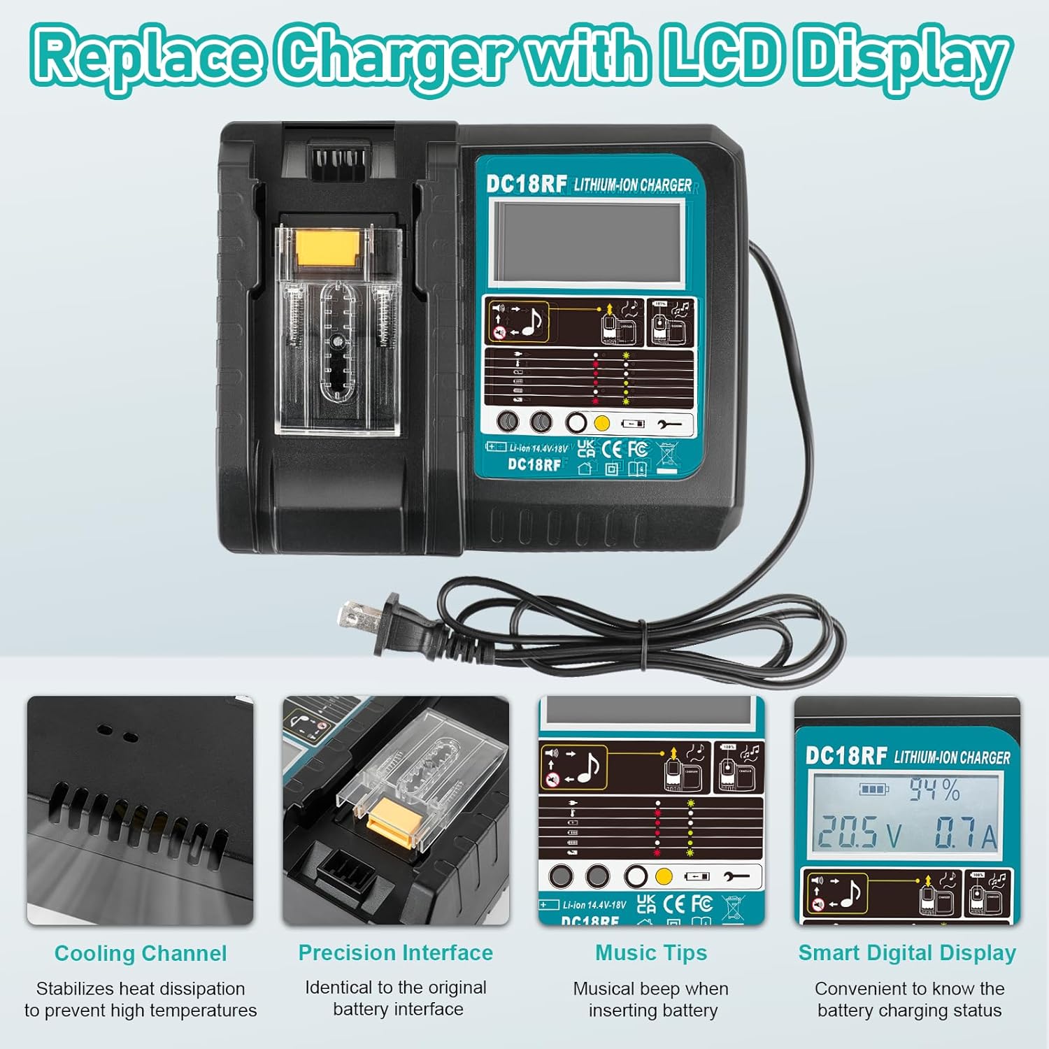 DC18RF 14.4V/18V Rapid Charger with LCD Display for Makita 18V Battery, Compatible with Makita 14.4V-18V Battery BL1850B BL1860B BL1830B BL1840B BL1820B & Charger DC18RD DC18SF DC18RT - Image 4