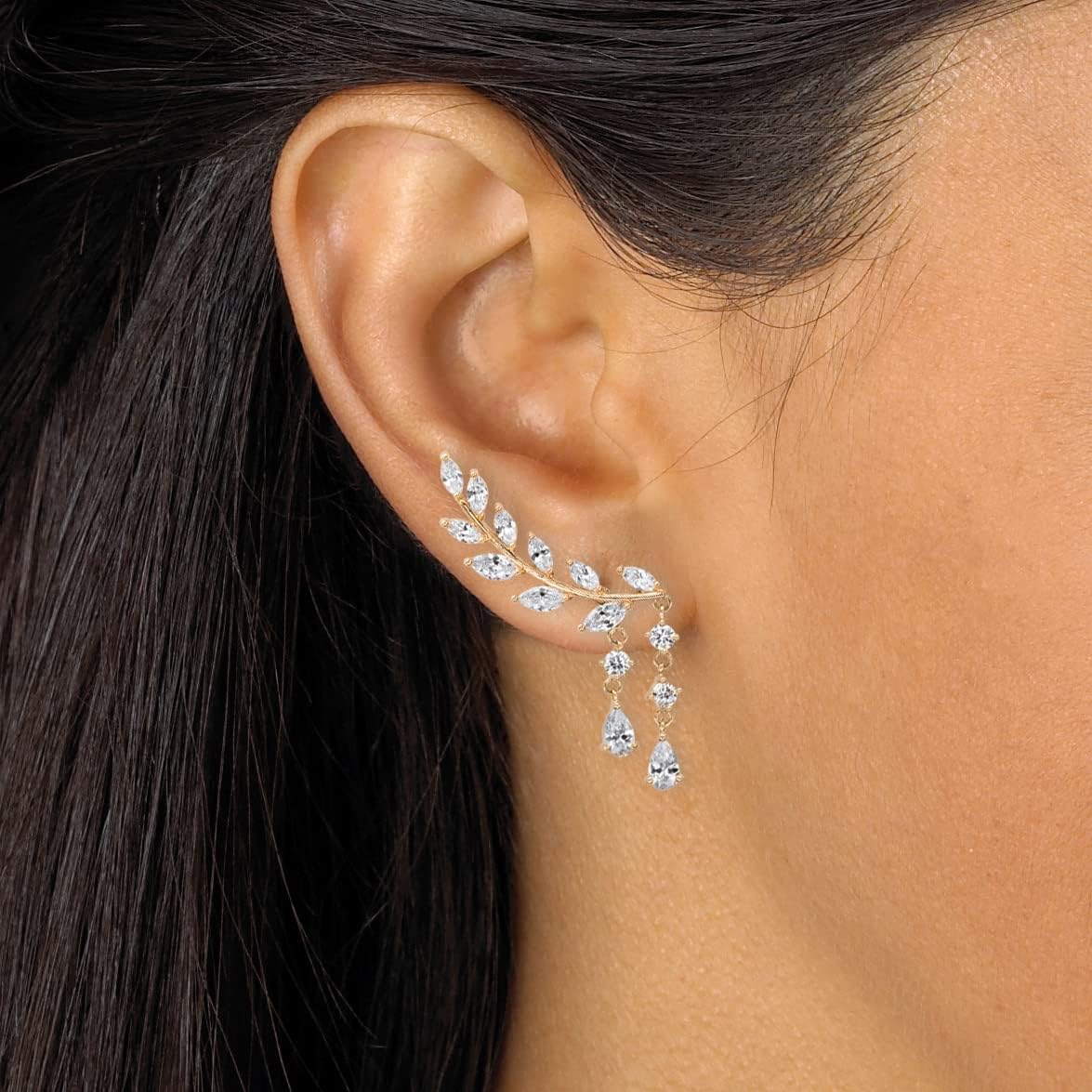 PalmBeach Goldtone Pear Cut Crystal Ear Climber Drop Earrings (43x8mm)
