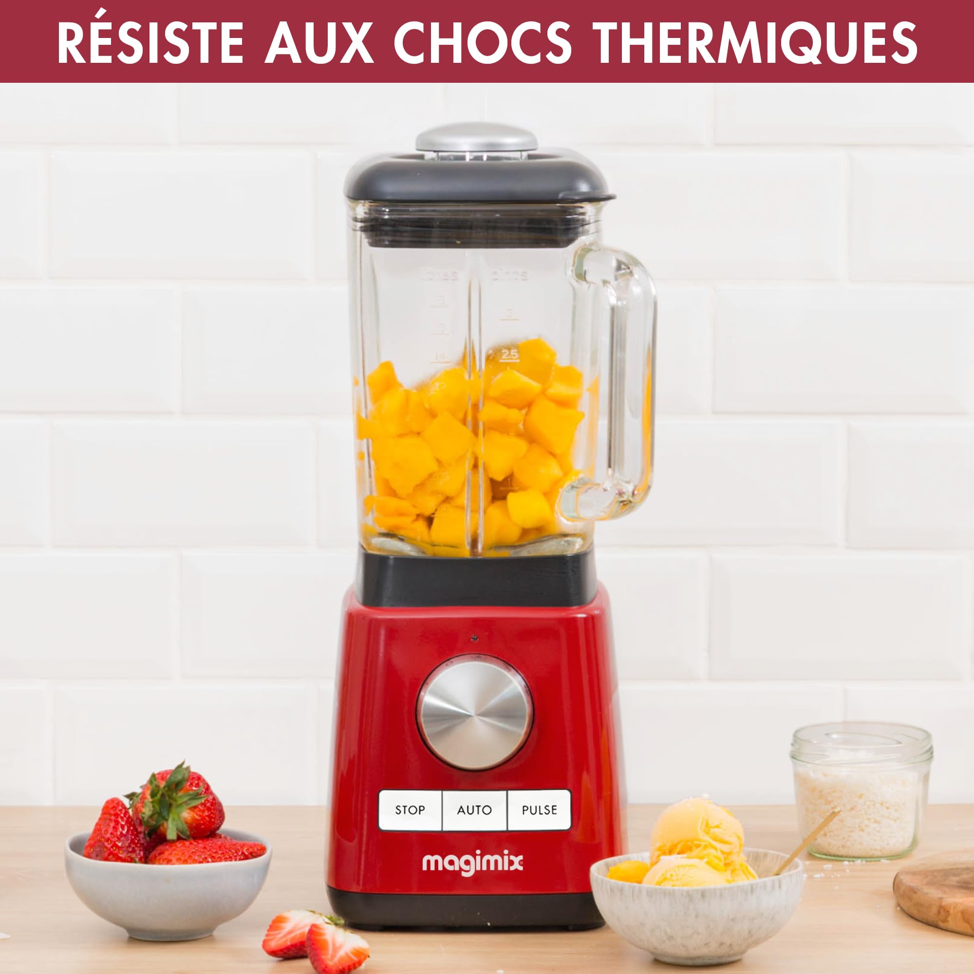 magimix Blender – Blender Power -1300 W avec Bol en Verre Borosilicate 1,8 L – 4 Programmes Automatiques (Smoothies, Soupes, Glace Pilée, Desserts Glacés) – Technologie BlenderMix – Sans BPA, Rouge