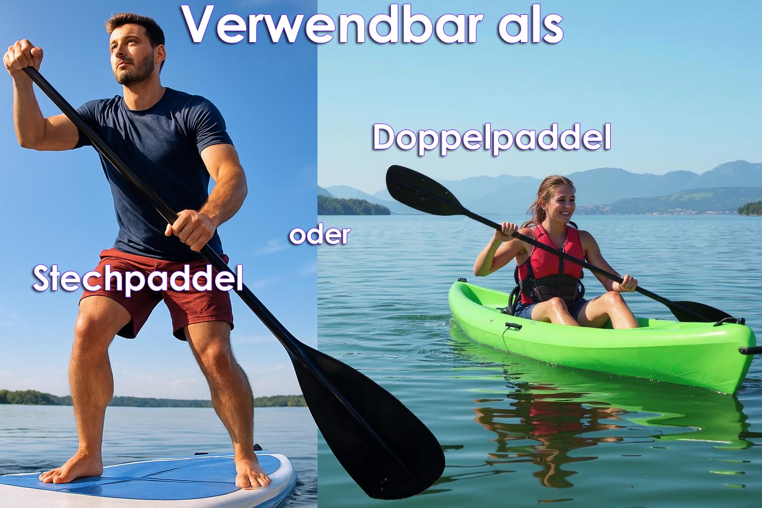 SUP Paddel 2-in-1 Stechpaddel Doppelpaddel, für I-SUP Kajak Stand Up Paddling Board, 4-teilig, stufenlos verstellbar 167-207 cm
