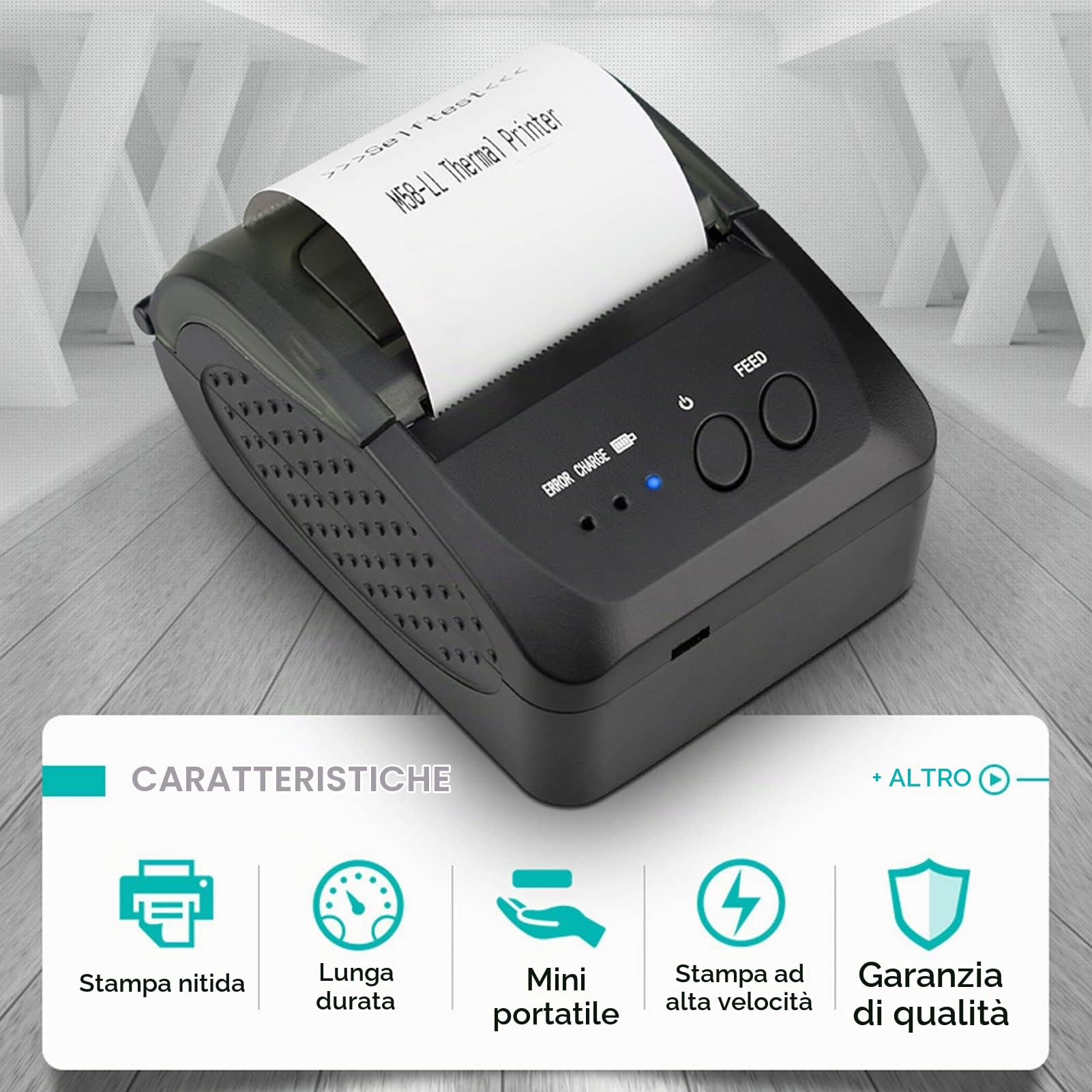 Stampante per Ricevute Bluetooth, POS-5809DD Mini Stampante per Ricevute POS Wireless da 58 Mm Stampante Termica Portatile da 90 Mm/s per Casa, Ufficio, Negozio, Compatibile con (Spina UE)