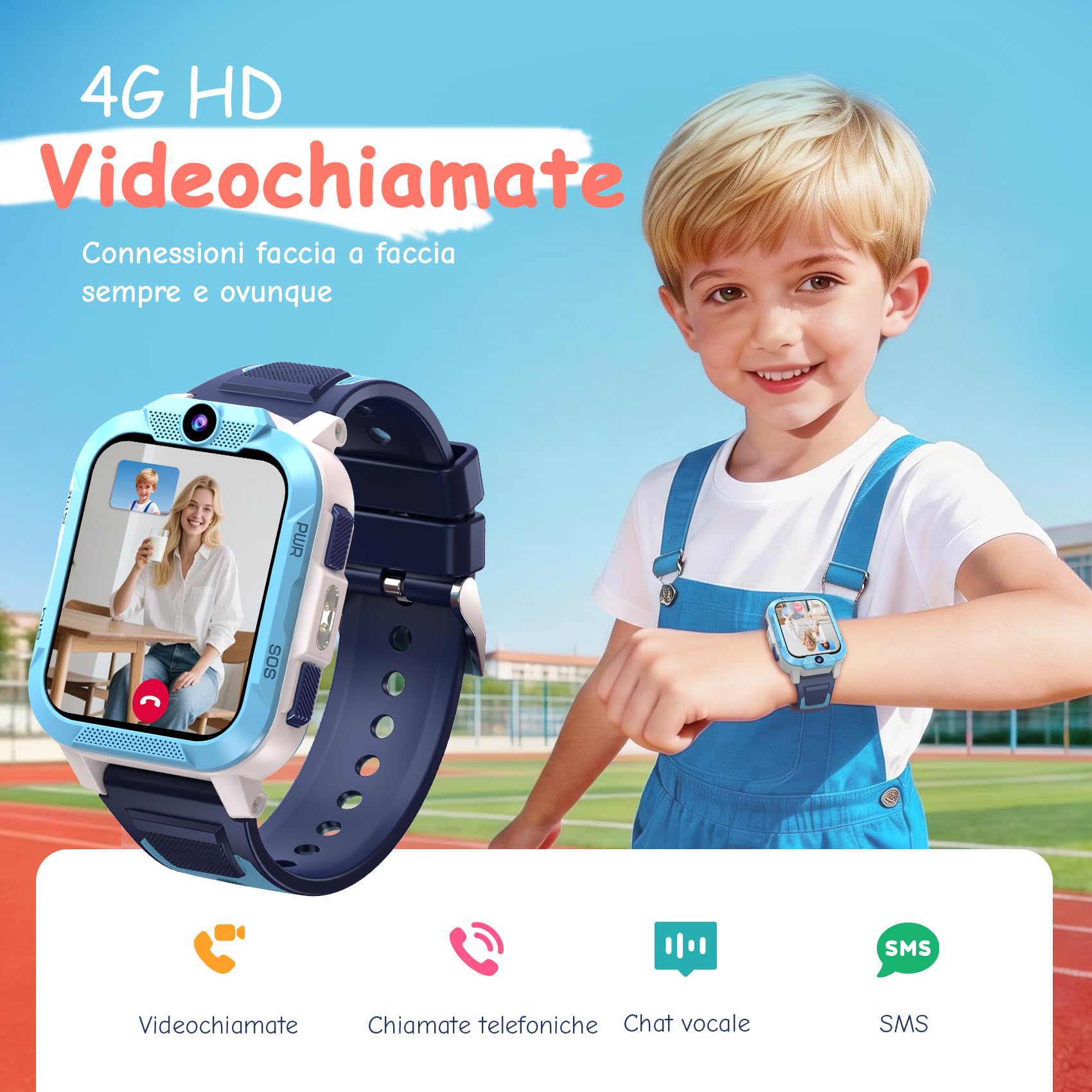 IOWODO Smartwatch Bambini 4G con Videochiamata HD, 1.85" Orologio Telefono Bambini con GPS, WiFi e LBS, SOS, Batteria 850mAh, Modalità Scuola, Contapassi, Sveglia, IP68 Impermeabile, 5-12 Anni, Blu