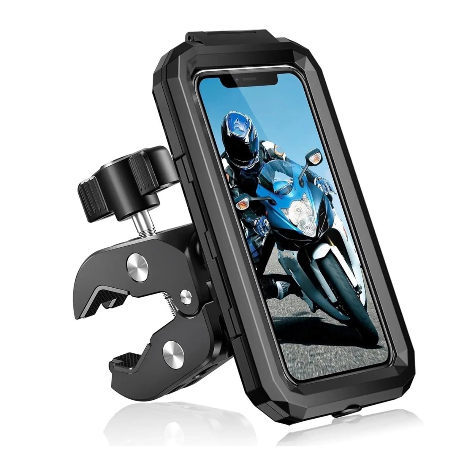 Soporte para Teléfono Bicicleta Manillar Impermeable para Motocicleta Pantalla Táctil Giratoria 360​​° Clip Antivibración para 5.5-7"(Strong Clamp)