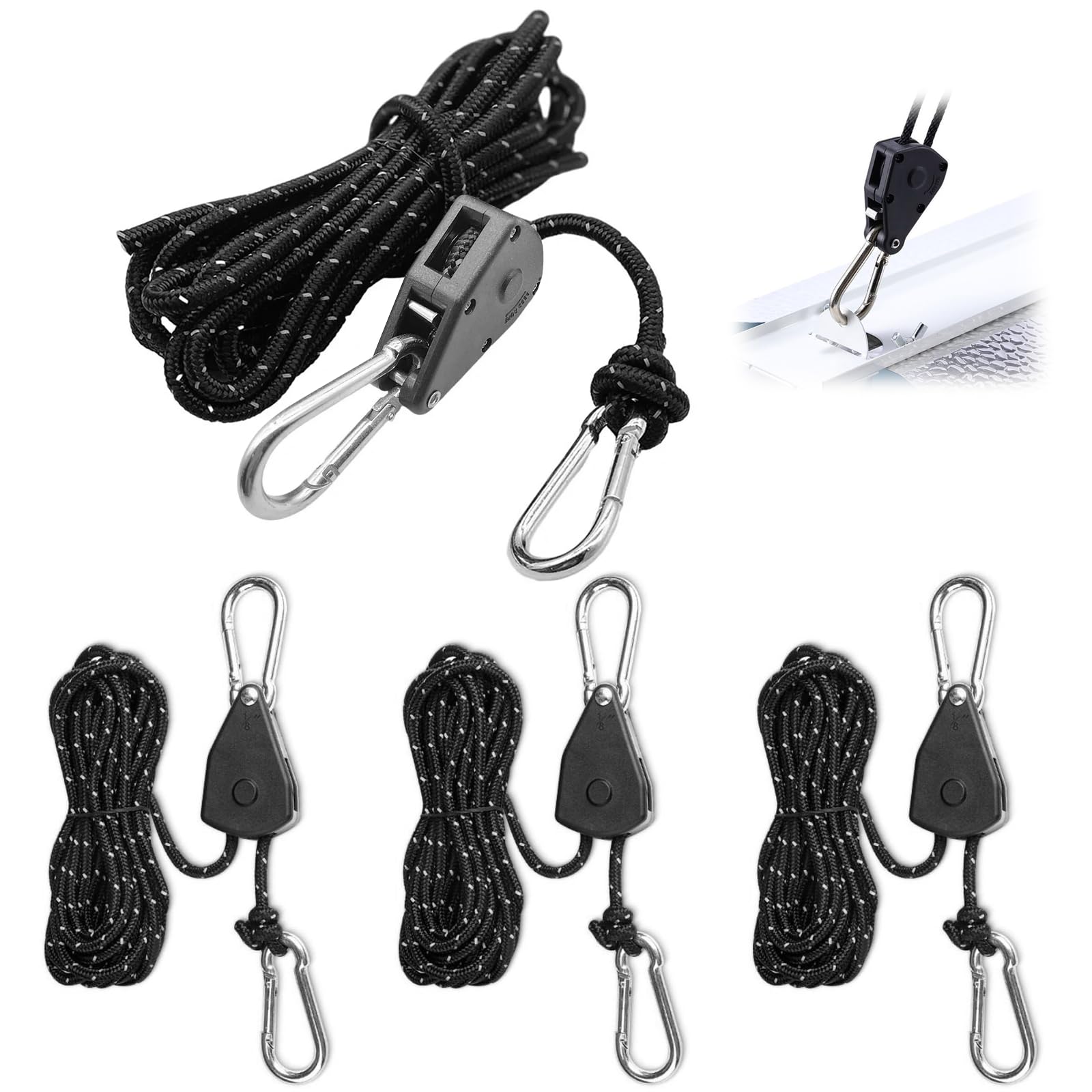 4 Pcs Reflective Tent Guy Ropes, 4 mm Heavy Duty Ratchet Ropes, Adjustable Outdoor Tent Guide Rope Metal Ratchet Hangers for Camping Hiking Awning Grow Room Equipment Lights (Black)
