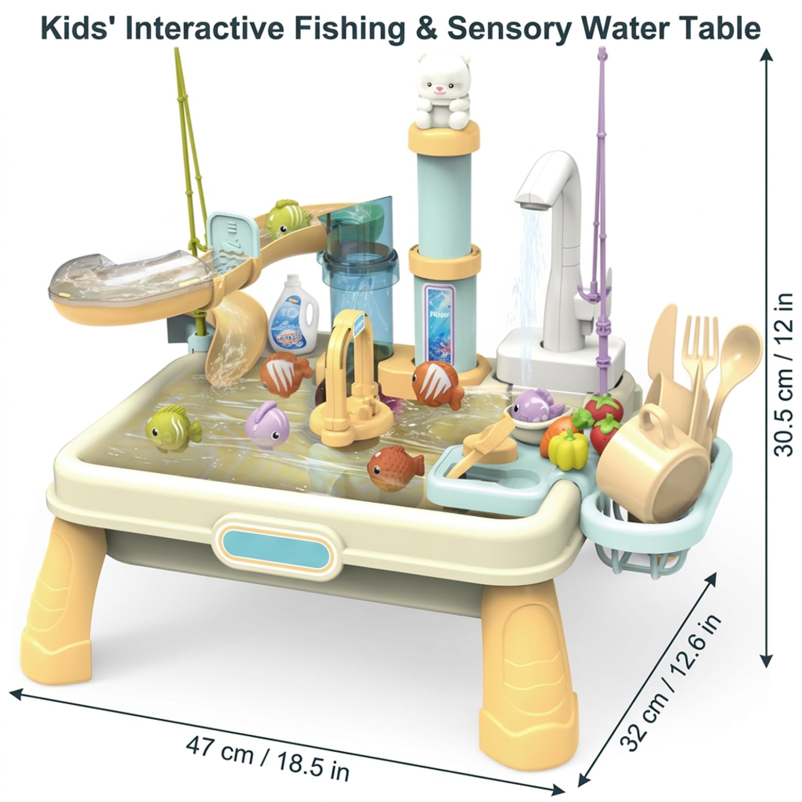 Mesa de Agua para niños, Mesa de Juegos de Agua con Fregadero eléctrico y Juego de Pesca, Juguete de Cocina para niños de 1 a 3 años con Accesorios, Color Beige