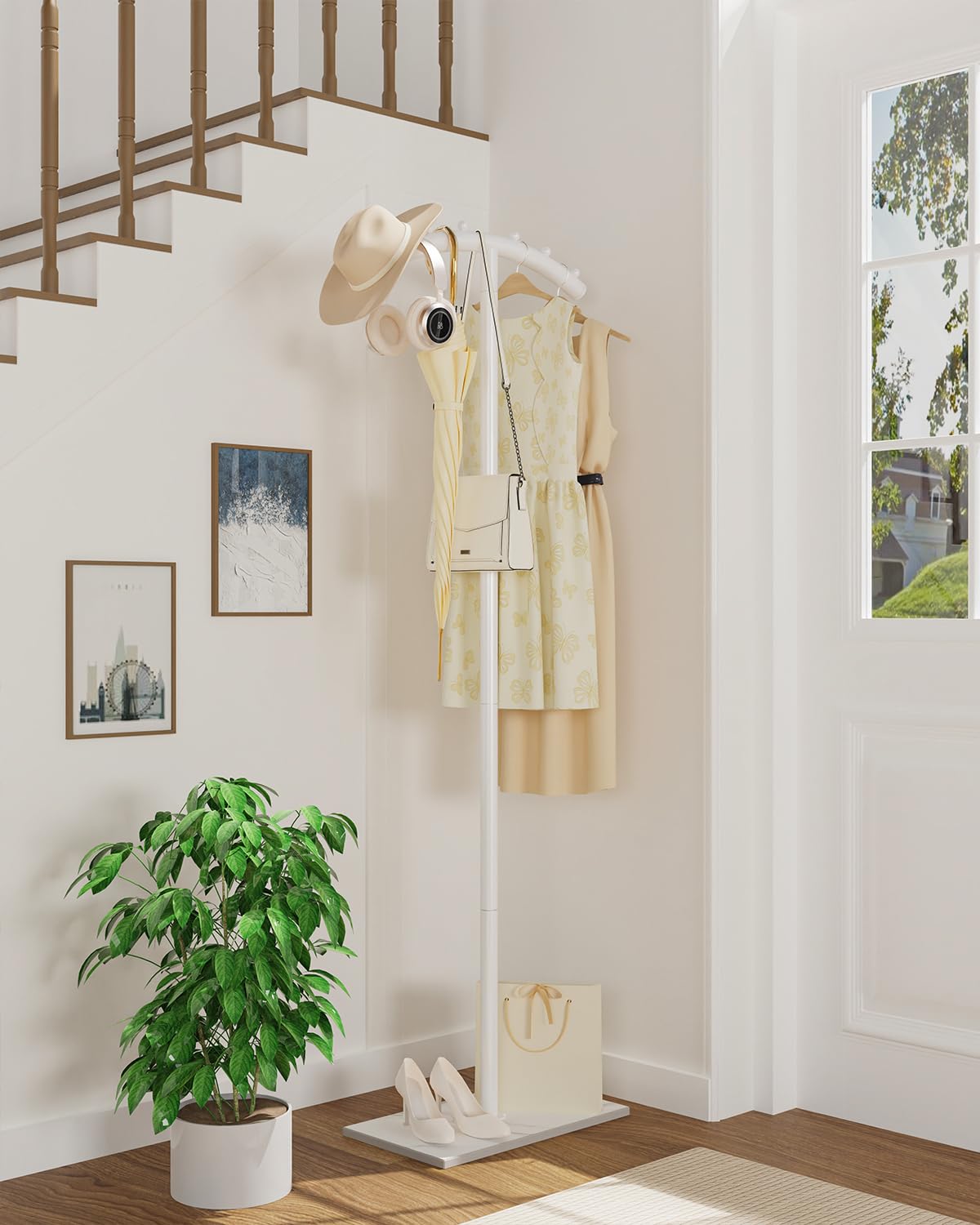 T-förmige Metall Kleiderbügel, Garderobenständer mit Rock Slab Base, Modern Gekrümmte Freistehend Kleiderständer, für Kleidung, Taschen and Schuh, 175 cm, Weiß