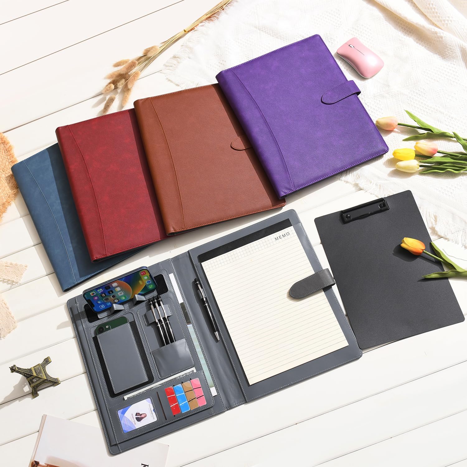 Wason Portfolio Padfolio A4 Leather PU Folder File Document Holder Case with Writing Pad Removable Clipboard Card Stationary Case Phone Tablet Stand for Organizer Office Travel School (Purple)