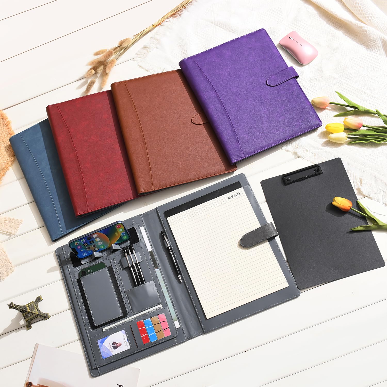 Wason Portefeuille A4 Padfolio Porte-documents en Cuir PU avec Multi-poches Bloc-notes Planchettes Amovible et Support Téléphone Tablette pour Organisateur Bureau école Voyage(Violet)