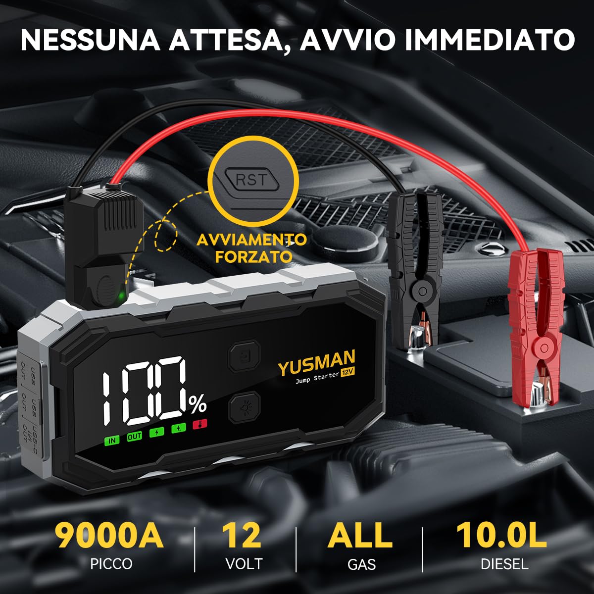 YUSMAN Booster Avviamento - 9000A Portatile Avviatore di Batteria Auto 12V (fino a ALL Gas/10.0L Diesel), Avviatore di emergenza per Auto con cavo di sicurezza, LED, 5 V/3A F02
