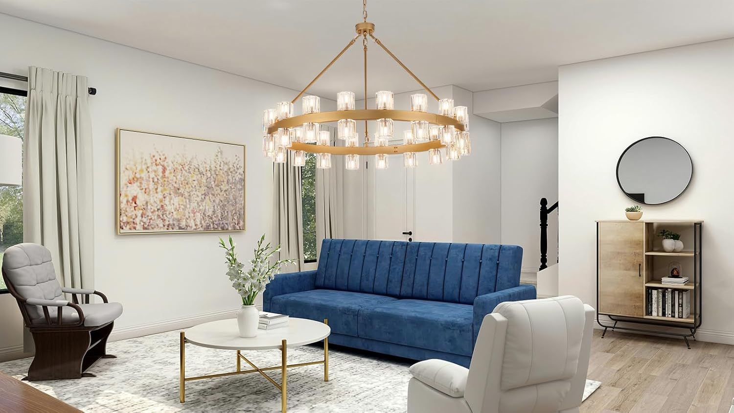 36 Inch Glod Wagon Wheel Chandelier with 36 Lights Crystal Shade, Modern Farmhouse Round High Ceilings Pendant Light Fixture for Living/Dining Room, Kitchen, Bedroom, Foyer