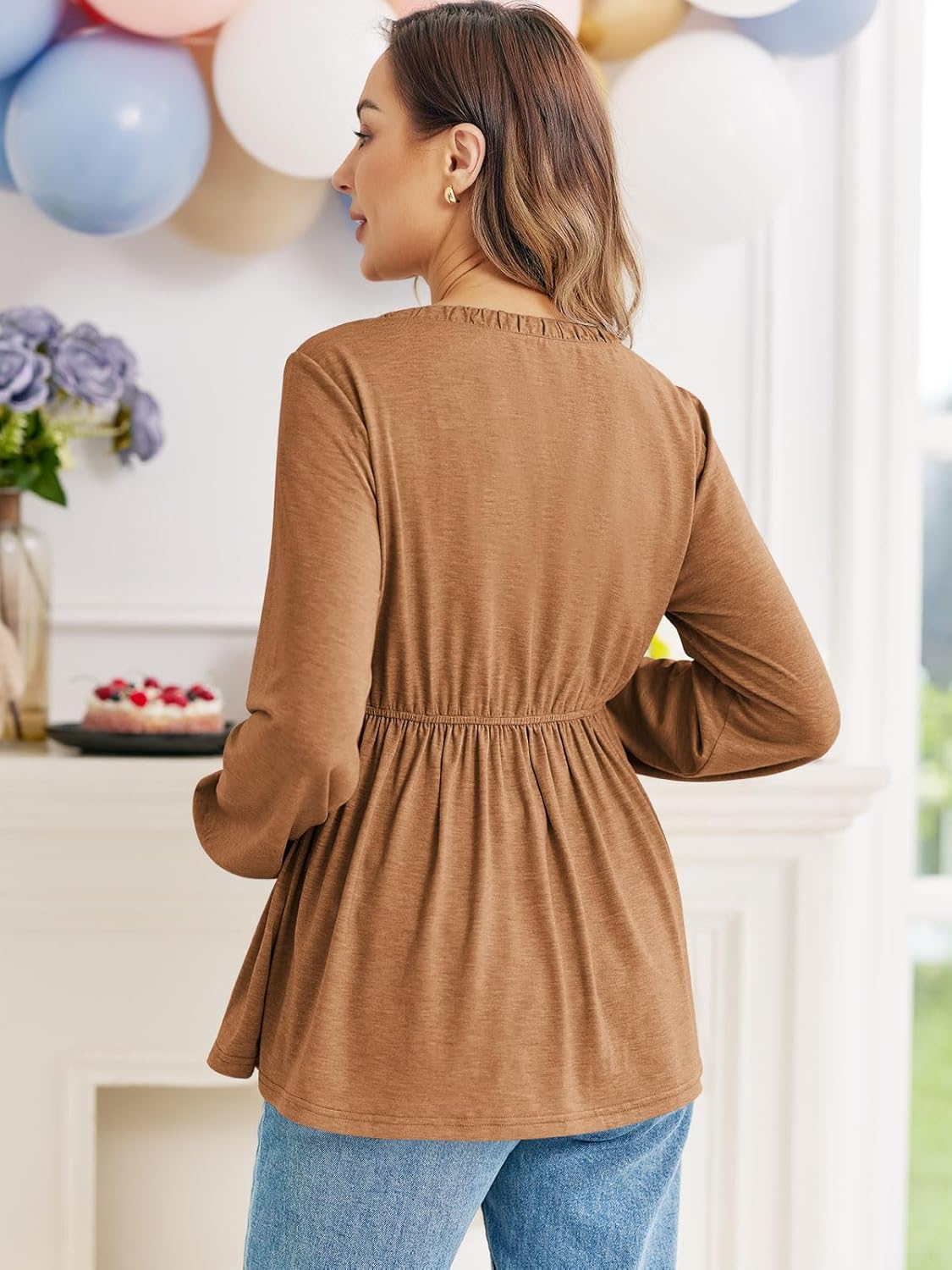 Women's Maternity Tops Long Sleeve V Neck Fall Loose Blouse Ruched Babydoll Pregnancy Shirts S-2XL - Image 4