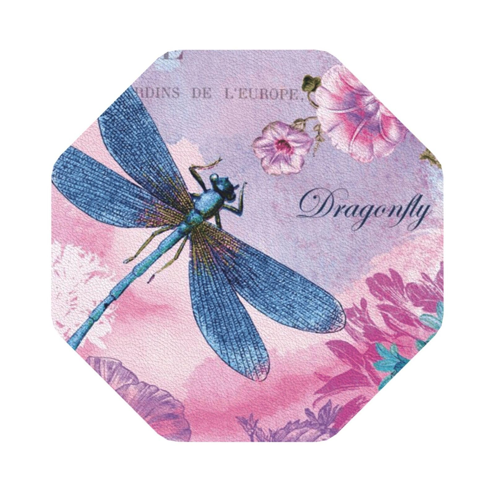 Pink flower and dragonfly PU Leather Coasters Set of 6 Octagon Drink Coasters
