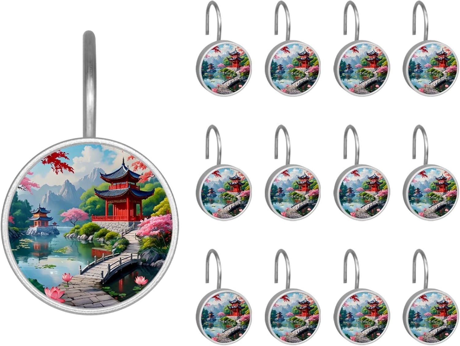 12 Packs Shower Curtain Hooks, Pavilion Mountain Flowers River Rust Proof Bathtub Curtain Rings for Bathroom, Decorative Stainless Steel Shower Liner Hangers for Rod