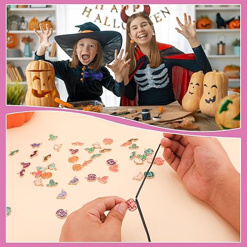 Miniatura 5 de LUTER 40 dijes de Halloween DIY, dijes de aleación multicolor de Halloween, calabaza, murciélago, patrón de sombrero de mago espeluznante, dijes de