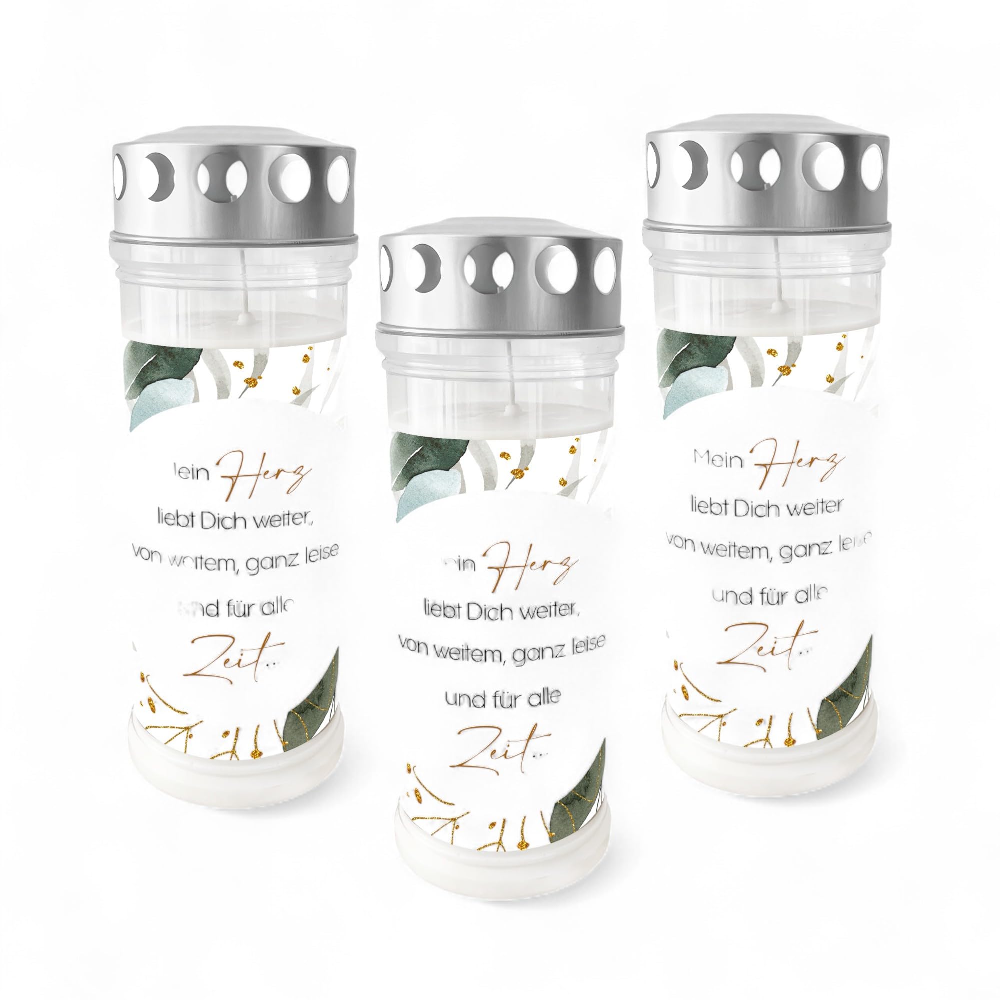 Grablicht mit Spruch "Mein Herz liebt Dich weiter, von weitem, ganz leise und für alle Zeit" | Eukalyptus Kranz | 3er Set | 7-Tage Brenner | Öl-Licht in deutscher Qualität