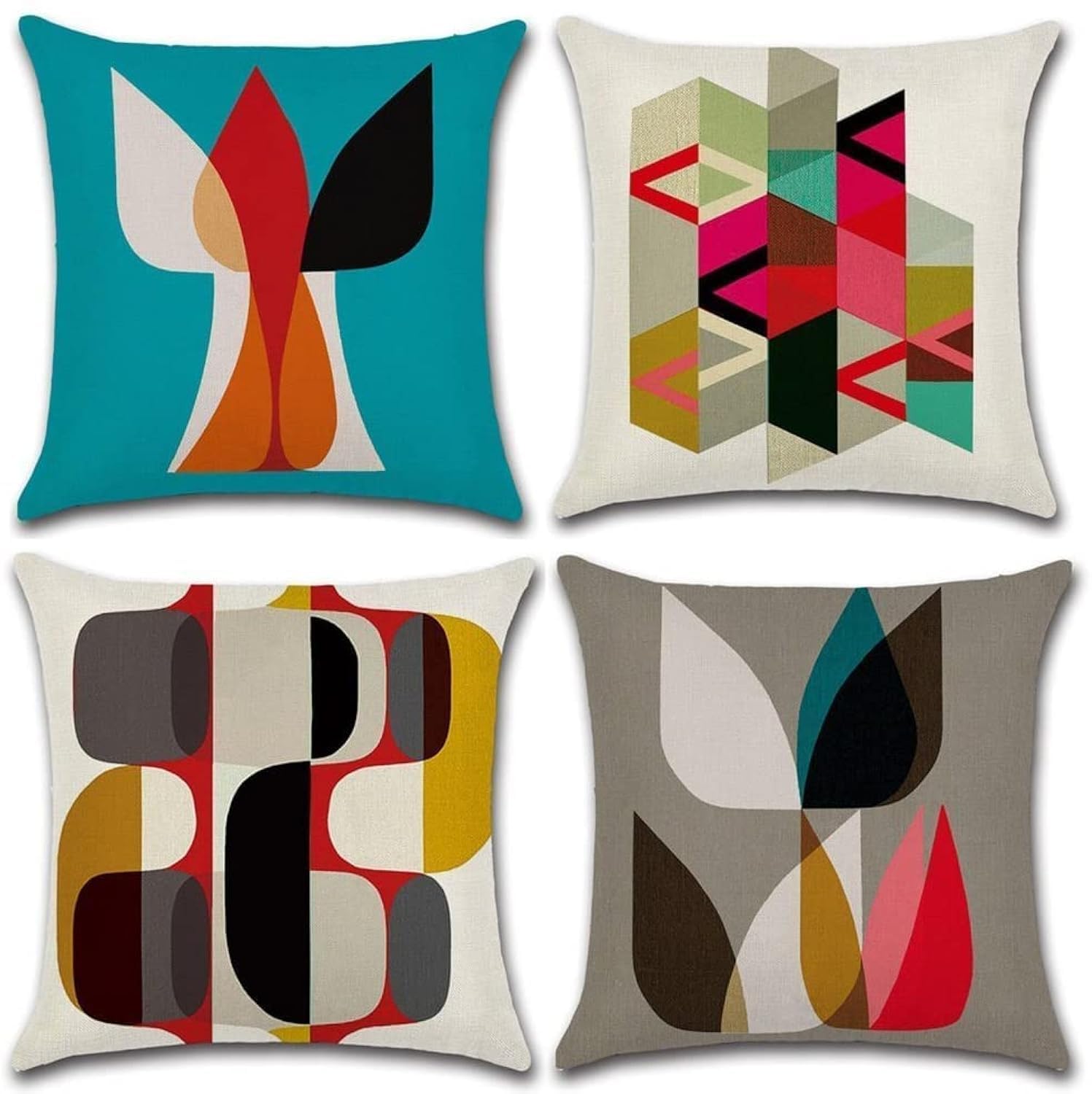 Vibrant Geometric Cotton Linen Decorative Sofa Throw Pillow Covers 4Pk 18x18in