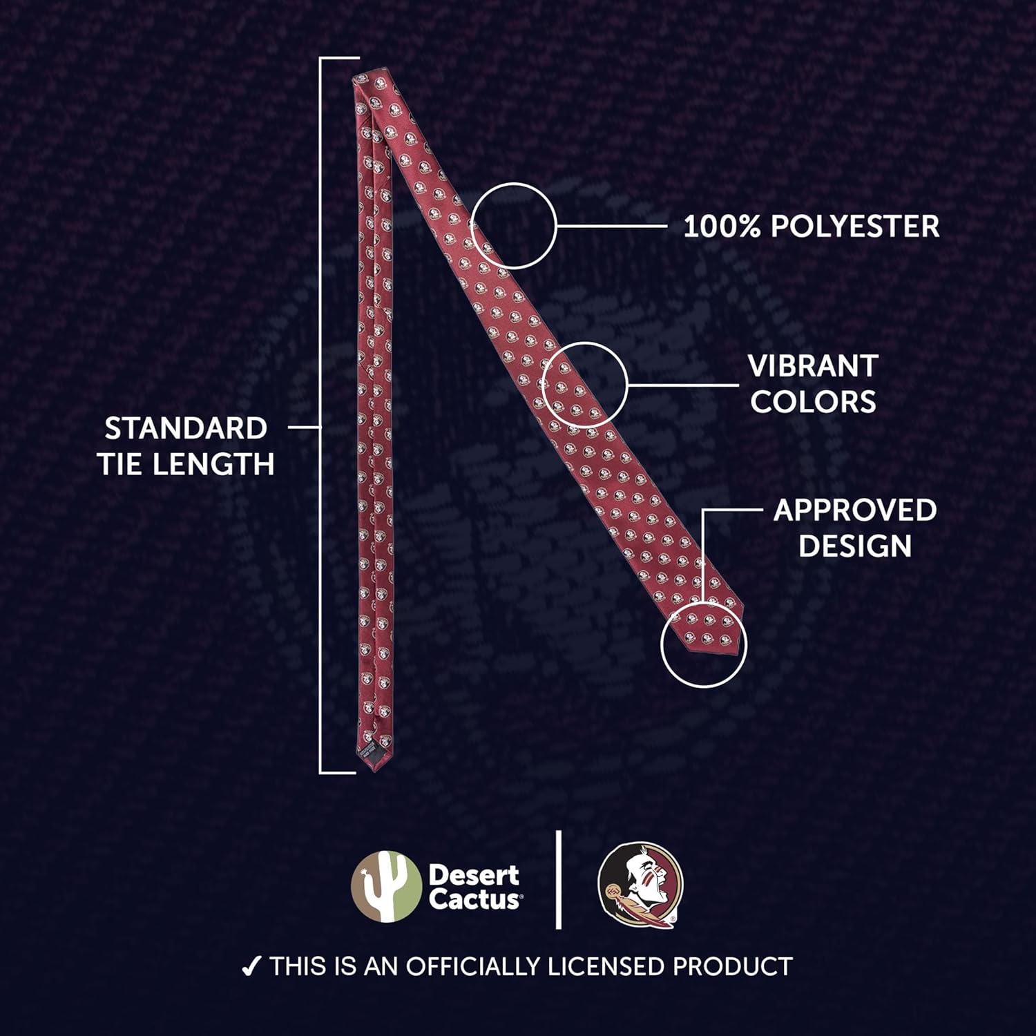 Desert Cactus Florida State University Neck Tie FSU Seminoles 100% Polyester Necktie with Logo, Officially Licensed (Style B) - Image 3