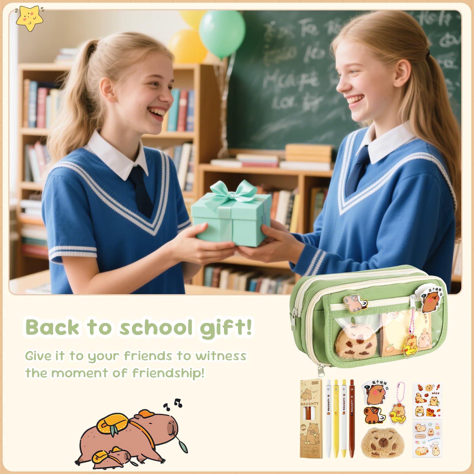 FYSL Federmäppchen mit Capybara Motiv, Großes Schlampermäppchen mit 9-Fach Organizer, Stiften, Stickern, Anhänger für Schule, College, Reisen, Capybara Geschenkset (Grün 9 Fach)