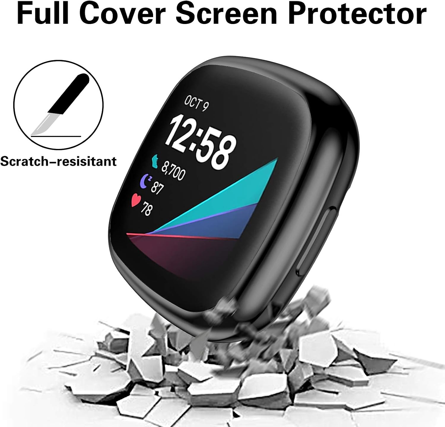Dirrelo 4-Pack Screen Protector Case Compatible for Fitbit Sense / Versa 3, TPU Full Coverage Bumper Cover Protective Shell Accessories for Sense / Versa 3 Smartwatch, Black Silver Rosegold Rosepink