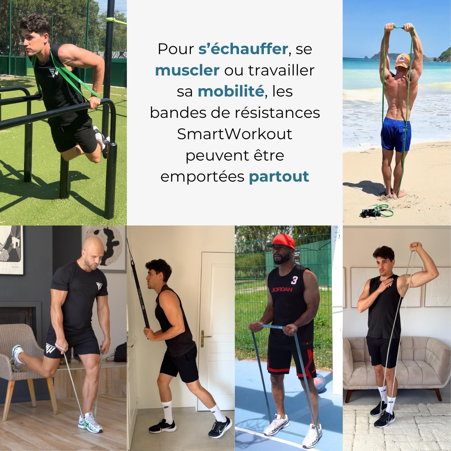 SmartWorkout - Pack de 3 Bandes de Résistance en Latex Naturel - Élastiques de Musculation, Fitness, Yoga, Pilate - 3 Résistances de 5kg à 40kg