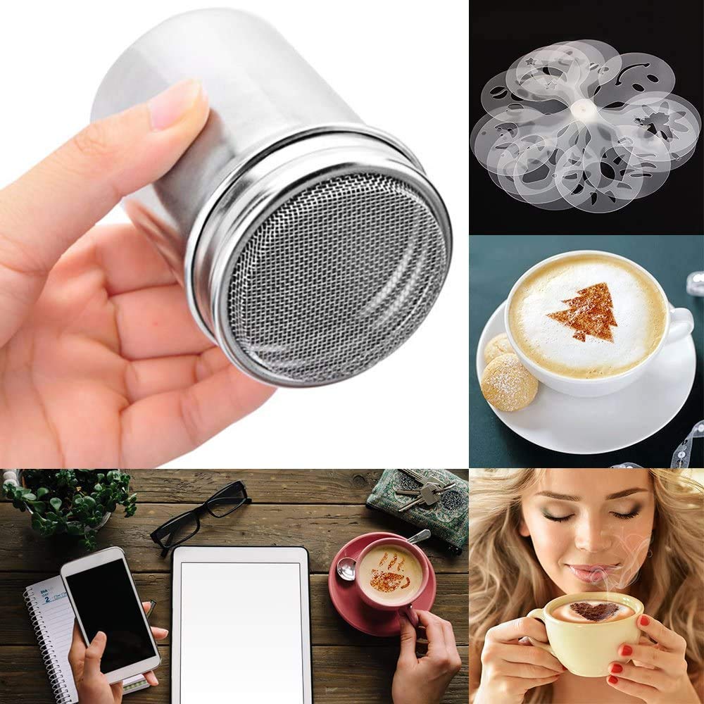 Pichet à Lait 350 Ml Inox Avec Mesures + Saupoudreur Cacao + 16 Pochoirs + Stylo Latte Art - Kit Complet Barista Cappuccino