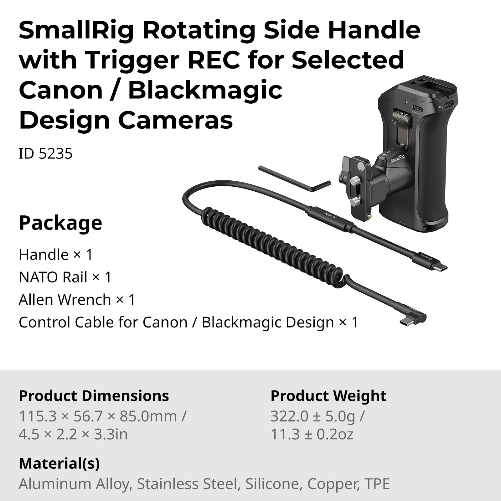 SMALLRIG Maniglia Laterale Rotante con Trigger REC Fotocamere per Canon/Blackmagic Design Selezionate, Compatibile con Batteria F550/570, Controllo Otturatore, per Canon R3 / R5 / R6-5235