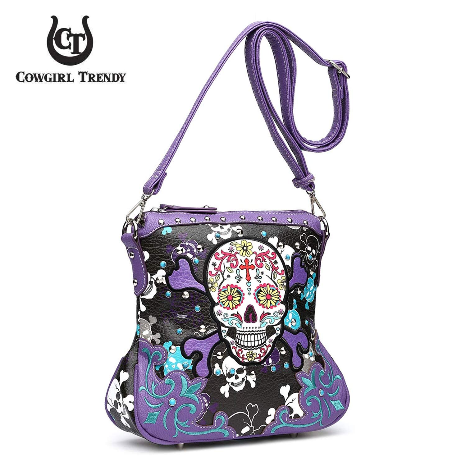 Sugar Skull Day of the Dead Cross Bone Rock Metallic Purse Skeleton Leather Purse Women Crossbody Handbag Shoulder Bag (Purple)